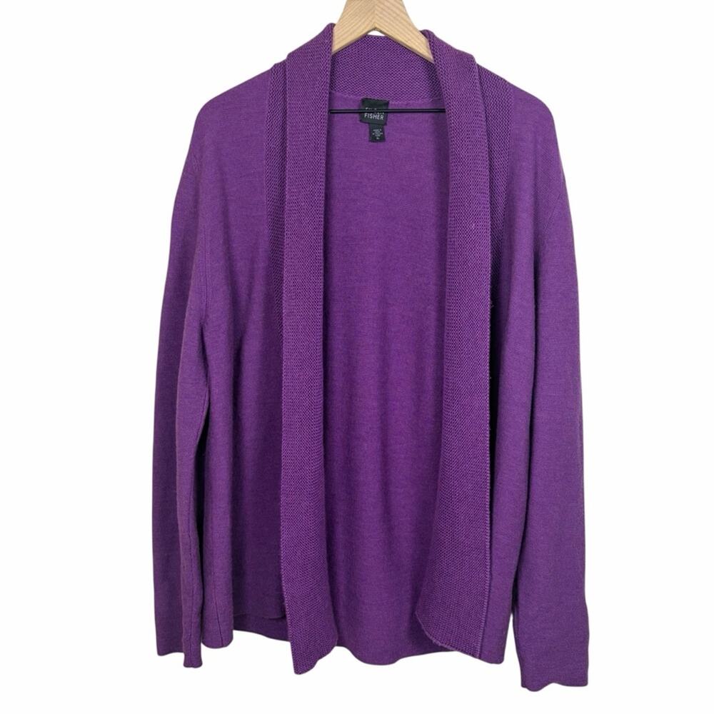 Eileen Fisher Sweater Size XL Purple 100% Merino Wool Open Front Cardigan